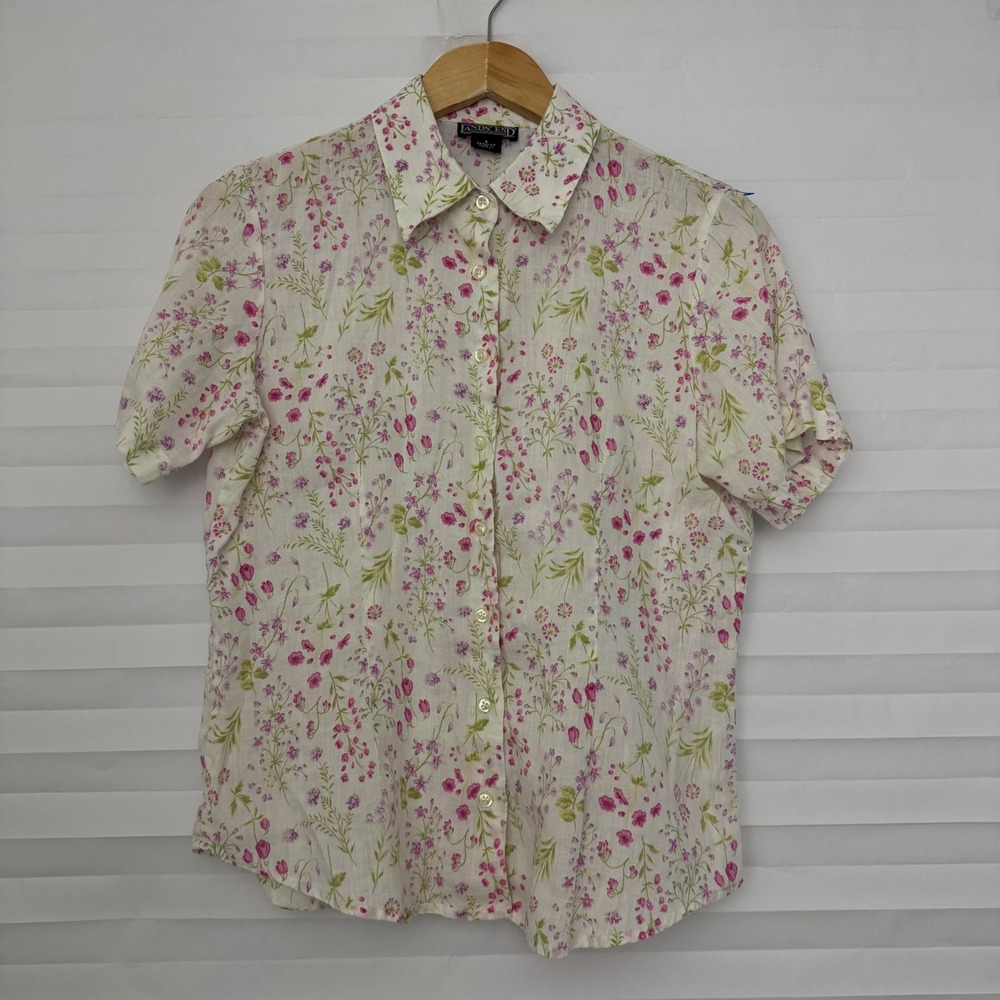 Lands End Womens 8 Linen Floral Button Down Shirt Short Sleeve Pink Green White